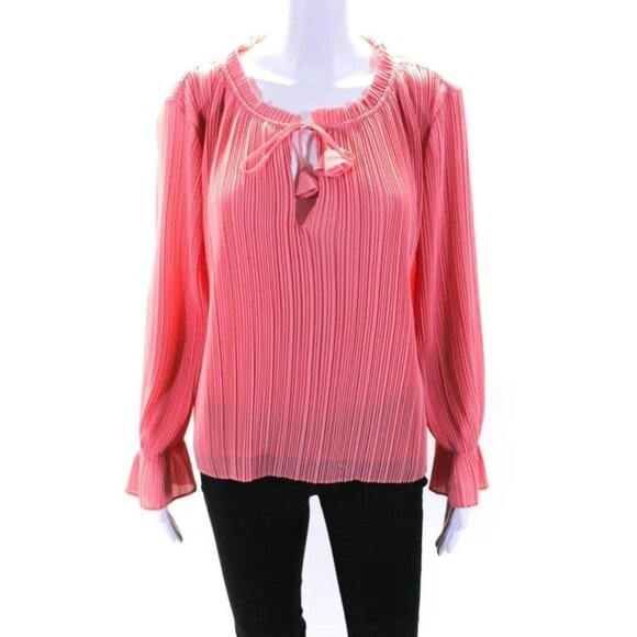 Misa Accordion Pleat Long Sleeve Tie Neck Top Blouse Pink Size Medium LS Ruffle - Picture 1 of 5